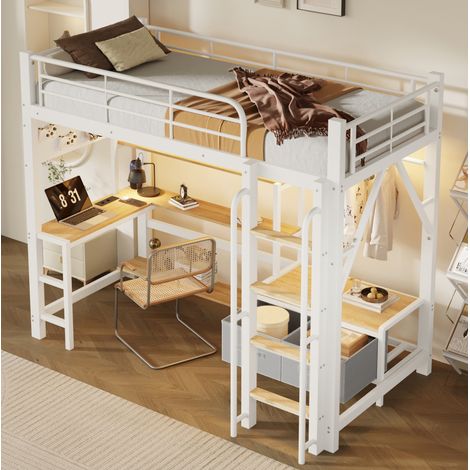 Cama alta 90 x 200 cm con escritorio, almacenaje, LED y USB, blanca OKMYHOME (1/5)