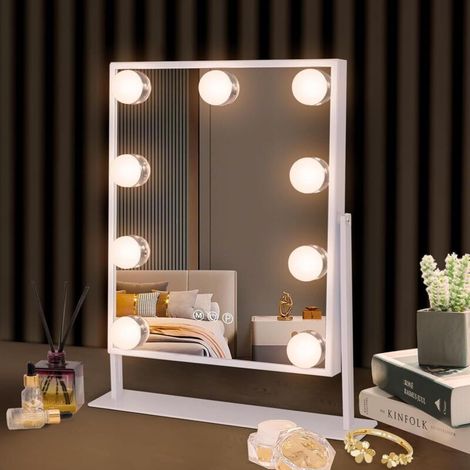 Specchio da trucco con luci, specchio da trucco illuminato con 9 lampadine a LED, specchio per il trucco illuminato con spina, rotazione a 360° con specchio ingranditore 10x (1/4)