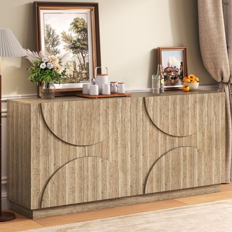 FLORAGRACE Buffet de rangement avec étagères, façade à arc symétrique, meuble bas en bois naturel, 160 x 40 x 80 cm, pour salon et salle à manger (1/5)