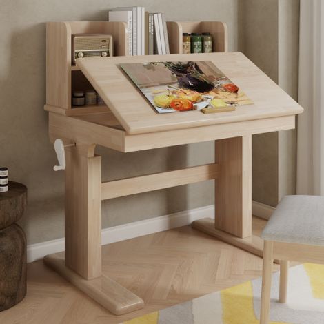 Table enfant, bureau enfant en bois massif réglable en hauteur, plateau rabattable 0°-43°, espace de rangement, certifié de sécurité, pour enfants à partir de 6 ans (1/5)