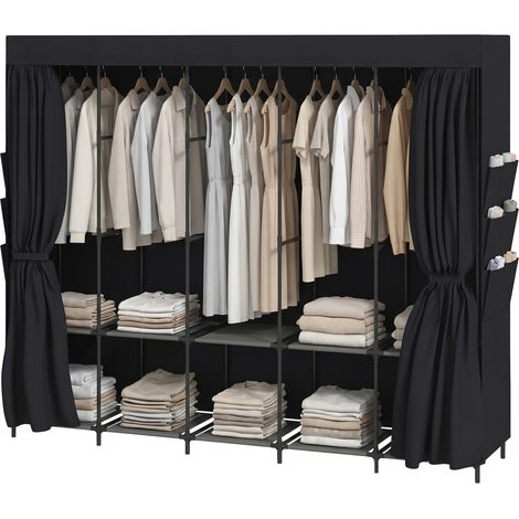 Armoire gain de place en tissu avec 5 tringles, 5 étagères, 6 poches latérales, portes anti-poussière zippées, noire (1/5)