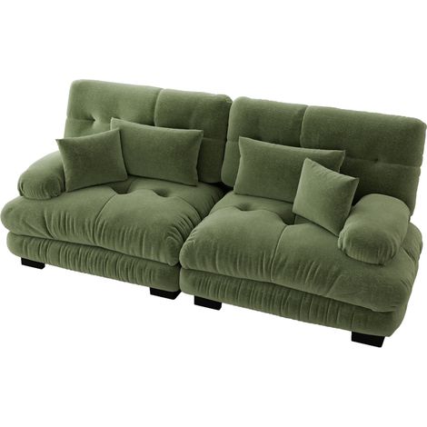 Canapé d’angle modulable en chenille verte avec coussins lombaires et décoratifs, structure en bois massif (1/5)