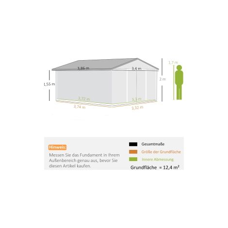 Abri de jardin vert foncé en acier galvanisé 12,4 m avec toit monopente, porte coulissante et fondations pour jardin et cour (1/5)