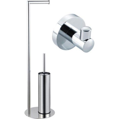 FugaFlow Eccelente Porte-rouleau de papier toilette indépendant avec brosse de toilette - avec crochet pour serviette - chrome