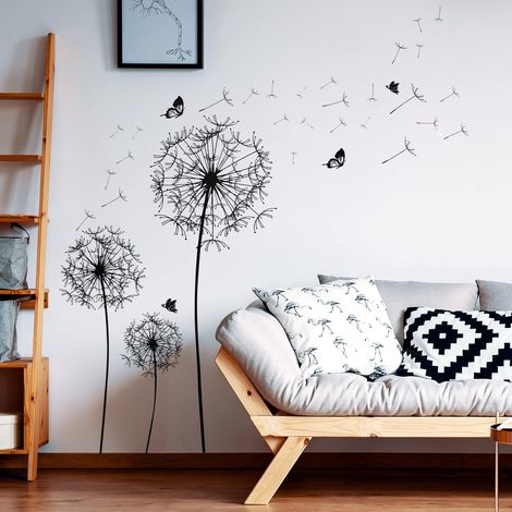 Lntyq Wandaufkleber PUDELNZAHNBLÜTEN schwarz (60x90cm) I Schmetterling Pflanzen Zweig Baum I Aufkleber Wandaufkleber für Wohnzimmer Schlafzimmer Küche Bad Büro Erwachsene Kind (1/5)