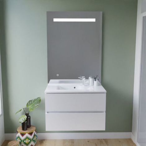 Meuble vasque ROSALY INOX 80 cm + miroir Elégance ht105- Blanc- Plan vasque en Résine