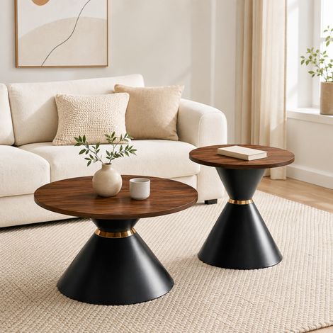 Lot de 2 tables basses rondes aspect noyer, pieds coniques métal noir, gain de place, 70x42,5cm, 50x50,5cm salon bureau (1/5)