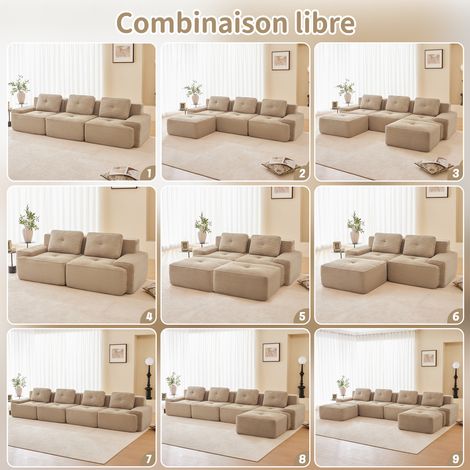 Canapé modulable beige en velours côtelé avec assise profonde et fonction convertible en couchage pour salon chambre et studio (1/5)