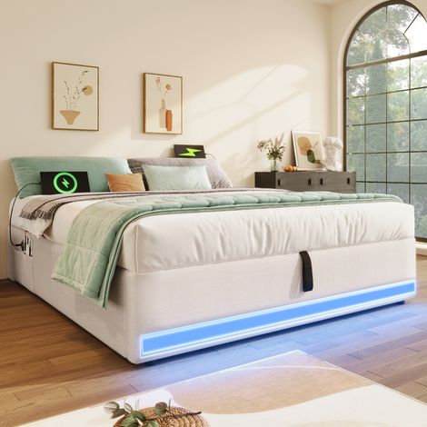 MEUBLIV Bettgestell 140x200 cm beige – LED, USB-C und Stauraum, ohne Matratze (1/5)