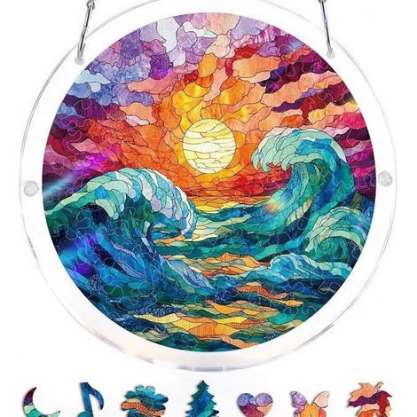 Attrape-soleil puzzle acrylique 83 pièces - Décoration de fenêtre dorée - 18 × 18 × 1 cm