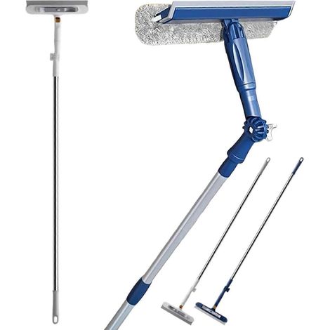 Nettoyeur de vitres 2 en 1 à grande portée raclette et balai à franges à angle réglable avec manche extensible - Bleu (1/5)