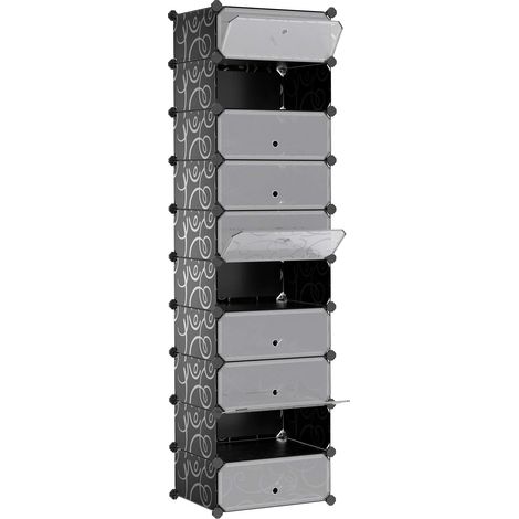 Meuble à Chaussures avec 10 Compartiments, Étagère Modulable en Plastique, Boîte à chaussures, avec Porte, Maillet, Rangement, Noir LPC10HV1 (1/5)