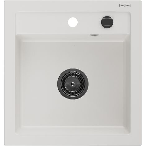 Mexen Vito évier en granit à 1 cuve 520 x 490 mm, Blanc, siphon Noir - 6503521000-20-B (1/5)