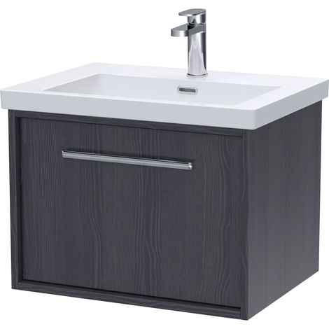 Sturbridge Contemporary 1 Drawer Wall Hung Vanity Unit with 1 Tap Hole Contemporary Fireclay Basin , 600mm, Graphite Grey Woodgrain