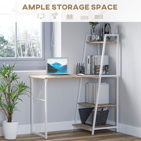 Bureau d'ordinateur blanc naturel avec étagères de rangement et plateau pliable pour bureau à domicile, bureau d'étude et d'écriture (1/5)