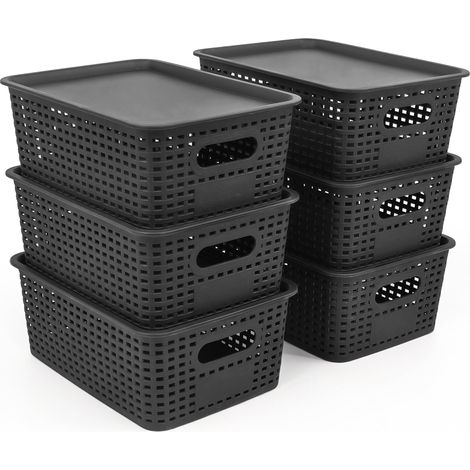 Lot de 6 boîtes de rangement avec couvercle - Petit panier noir - Design rotin - Boîte empilable en plastique PP - 26 x 18 x 10 cm (couvercle noir) (1/5)