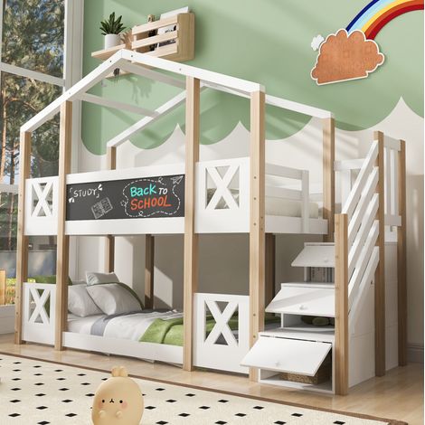 Etagenbett 90 x 200 cm Mit Holzgestell In Weißer Und Natürlicher Farbe (1/5)