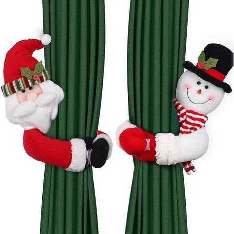 D-FantiX Lot de 2 embrasses de rideaux de Noël, motif Père Noël et bonhomme de neige, attaches à boucle, décorations de fenêtre, décorations pour bouteille de vin, ornements de Noël (1/5)