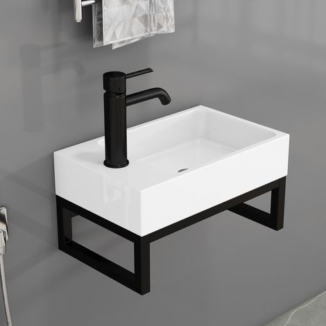 Lavabo suspendido mini cuadrado de cerámica blanca mate con armazón metálico, premontado (1/5)