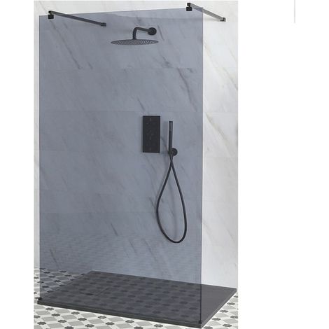 Milano Nero-Luna Black Floating Walk In Frameless Wet Room Shower Enclosure with Smoked Glass Screen Support Arms and Light Grey Slate Effect Tray - 1400mm x 900mm (1/5)