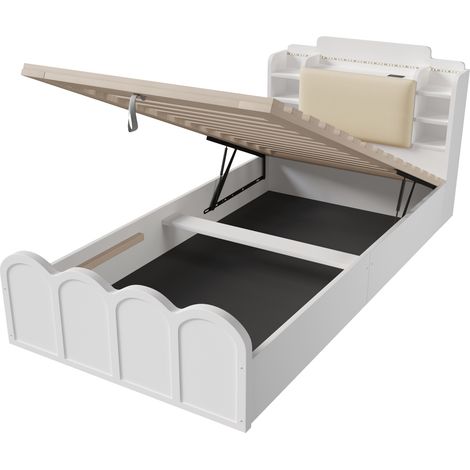 Cama canapé hidráulica 90x200 cm blanca con USB y USB-C, LED, almacenaje y cabecero acolchado (1/5)