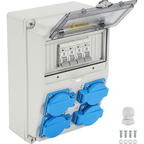 Wolketon Distribuidor de pared con interruptor protector, distribuidor de corriente para obras con 4 enchufes Schuko y 4 enchufes CEE de 16 A, caja de distribución de corriente para construcción (1/5)