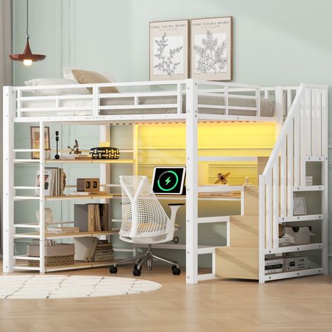 Cama altillo 140x200 cm - Cama doble - Con escritorio, escalera, estantes, LED y USB - En metal y MDF - Blanco (1/5)