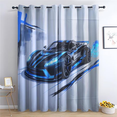 Rideau Occultant Voiture de Course - Décoration Voiture de Sport, Rideau Thermique Motif Garçon Sport Extrême, Lot de 2 Rideaux Opaque à Oeillets pour Fenetre Chambre Salon, 140x160 cm (LxH) - 2x L 14 (1/5)