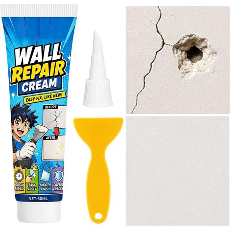Enduit Réparateur De Plâtre Crème Rebouchage Fissures 60 Ml Avec Buse Et Pâte à boucher trous muraux pour maison appartement salle de bain douche plafond extérieur (1/5)