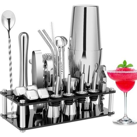 Cocktailshaker-Set, Bostoner Edelstahl-Barkeeper-Set mit Acrylständer und Cocktailrezeptbuch (1/5)