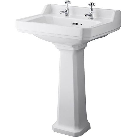 Milano Richmond 595mm x 470mm White Ceramic Full Pedestal Bathroom Basin Sink - 2 Tap Hole (1/5)