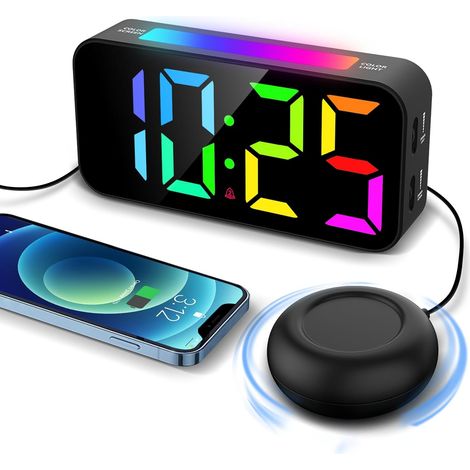 Réveil pour dormeurs profonds vibrant avec shaker de lit veilleuse grand écran horloge sonore à intensité variable RVB (1/5)
