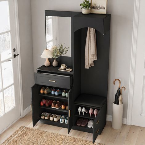 Mobile portascarpe da ingresso con specchio e panca 110 x 33 x 185,5 cm nero DESVIAE (1/5)