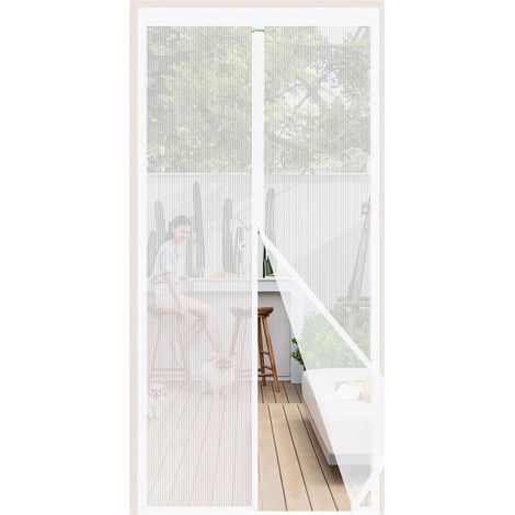 Tenda per porta, balcone, sicura per gatti, con chiusura magnetica, protezione da insetti e mosche, con nastro adesivo allargato, 100 x 210 cm, bianca. (1/5)