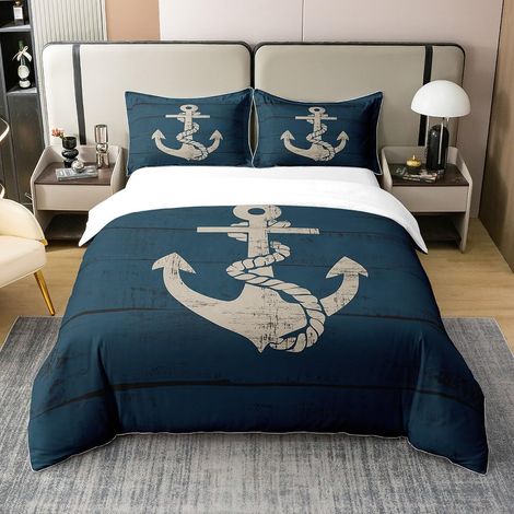 Ancre Décoration 100% Coton Enfants Ancre Thèmes Parure de Lit 140x200cm Océan Voyage Housse de Couette Marine Thèmes Aventure en mer Parure Housse de Couette - 140 x 200 cm + 1 taie d'oreiller 65 x 6 (1/5)
