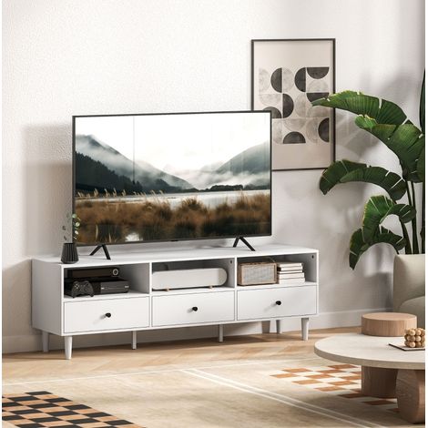 Meuble TV scandinave 140 x 34 x 45 cm – 3 étagères et 3 tiroirs – avec Gestion des Câbles – Blanc (1/5)