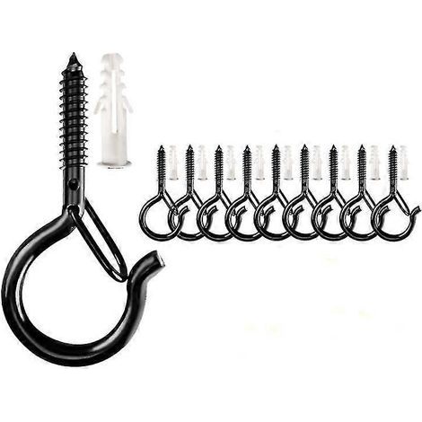 Crochets à visser d'extérieur, fixations murales et de plafond, système de sécurité avec boucle pour suspendre pots de fleurs, carillons, clés, guirlandes lumineuses, etc. (12 pièces - noir) (1/5)
