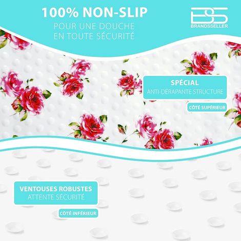 Tapis antidérapant Baignoire 70x36 cm – en PVC avec ventouses, Lavable à 30 °C, antibactérien et résistant à la moisissure – Tapis de Bain – Motif : Roses (1/2)