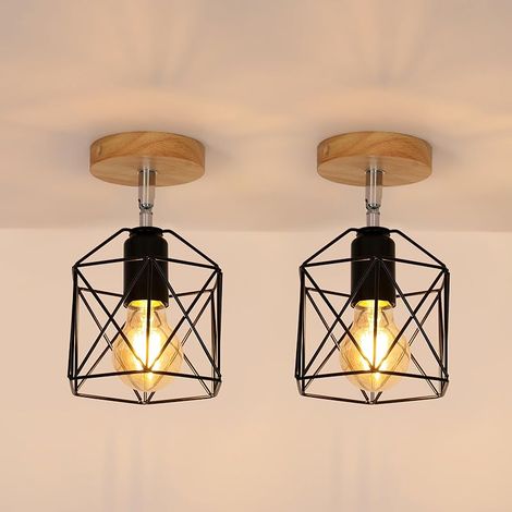 Lot de 2 Plafonnier Industriel Vintage Lustre Abat-jour en Métal et Bois E27 Suspension Luminaire Rétro Pour Couloir Cuisine Chambre Salon, Ø14cm (1/5)