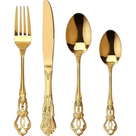 Couteaux de table,set couverts de table doré 6 personnes Rétro royal, ensemble de couverts inox 24 pièces, se compose de couteaux (1/4)