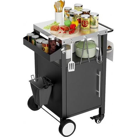 Grillwagen mit Stauraum 46 x 46,2 x 87,9 cm, rollbarer Grilltisch Barwagen mit Haken, Gewürzregal und Schrank, Schwarz
