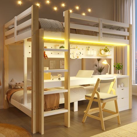 Hochbett 140x200/90x200 cm Weiß/Natur aus Kiefernholz und MDF mit Schubladen, Schreibtisch, Lochplatte und LED-Lichtleiste (1/5)