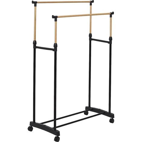 Portant double hauteur ajustable sur roulettes noir et effet bois