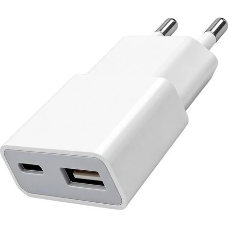 Alimentation USB, 5 W, prise européenne, chargeur, fiche fine, alimentation 5 V 1 A, 2 ports : USB-C + A, compatible avec iPhone, liseuses, brosses à dents électriques, lecteurs et smartphones, blanc (1/5)