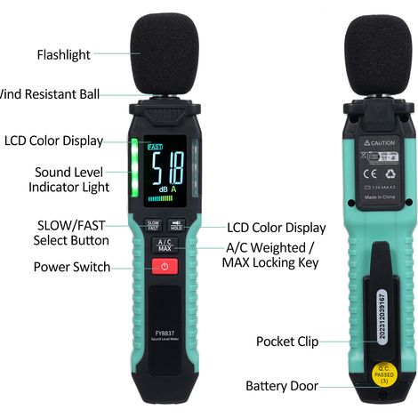 GARRYFIZH Sonomètre Numérique 30-130 dB avec Ponds A/C, Écran LCD Couleur, Portable Haute Précision pour Maison/Usine/Bureau, Fonctions MAX/Data Hold/Lampe (1/5)