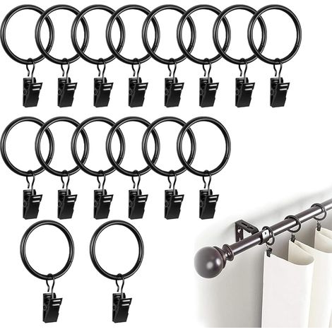 Lot de 16 - Anneau de rideau - Clip métallique - Fixation pour tringle sans perçage - Usage intérieur et douche - Noir - 25 mm