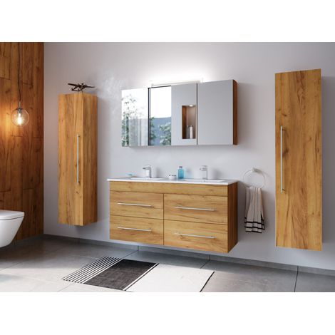 Badmöbelset Helios 4-teilig Spiegelschrank 2x Hochschrank eiche gold (1/5)
