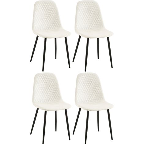Lot de 4 chaises de salle à manger coutures décoratives losanges assise en velours blanc crème pieds métal noir mat 100001883 (1/5)