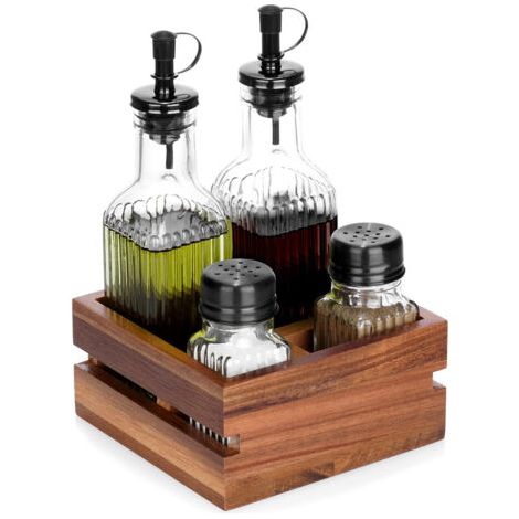 Ensemble d'assaisonnements de table, contenants pour sel, poivre, huile et vinaigre sur support (1/5)