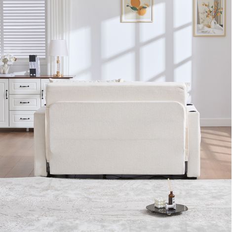 Canapé convertible en chenille beige avec port USB, porte-gobelets et poches de rangement HAVRYA (1/5)